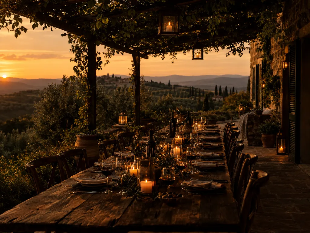 Outdoor dining table under pergola at golden hour