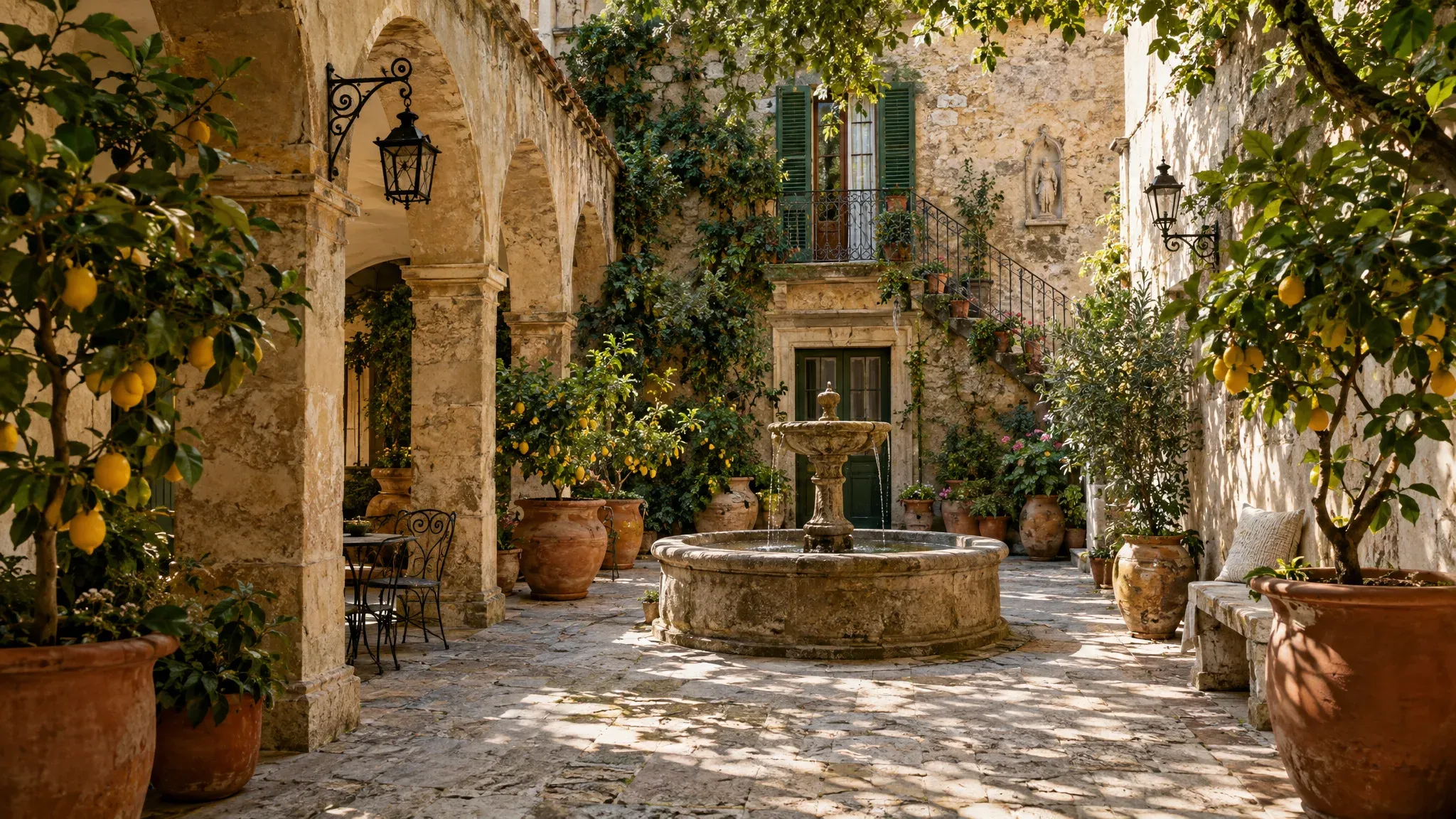 Sunlit Italian villa courtyard with stone arches and lemon trees
