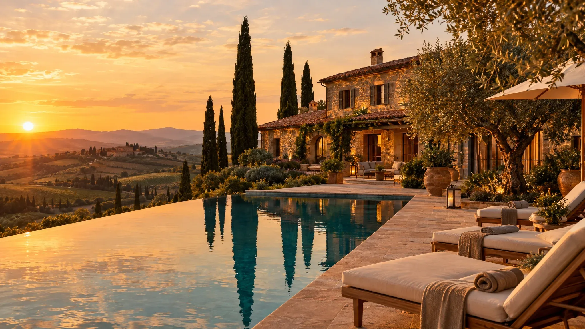 Villa infinity pool at golden hour