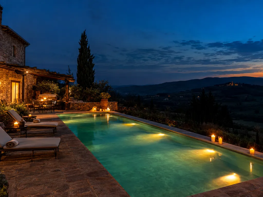 Villa pool terrace glowing at twilight